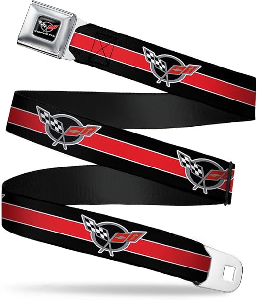 Buckle-Down Seatbelt Belt - CORVETTE C5 Logo/Stripe Black/White/Red/Gray Repeat - 1.0