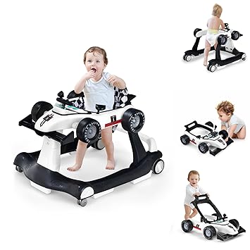 HOMGX Baby Walker with Wheels, Convertible Baby Push Walker & Race Car Mode, Infant Activity Center with Music Box, 3 Heights & 2 Speeds, Foldable Walkers for 6-18 Months (White)