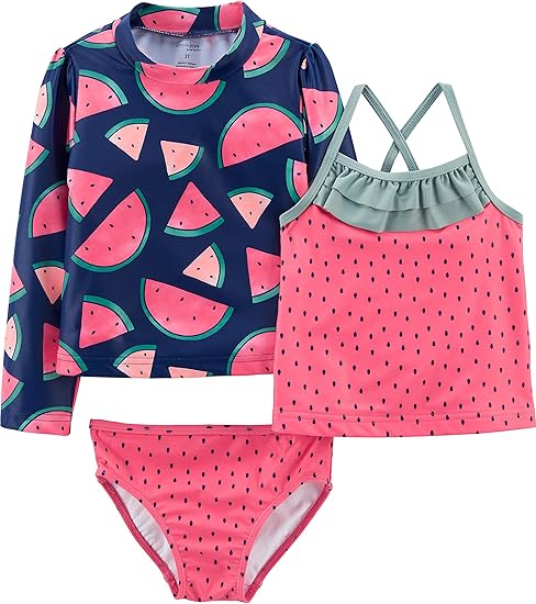 Simple Joys by Carter's Girls' 3-Piece Assorted Rashguard Sets, Watermelon, 4T