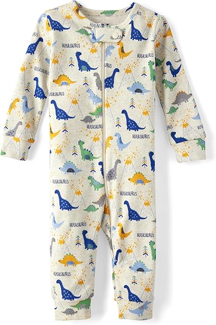 The Children's Place Baby Boys' and Toddler Snug Fit 100% Cotton Zip-Front One Piece Footed Pajama, Dino Volcanos, 4 Years