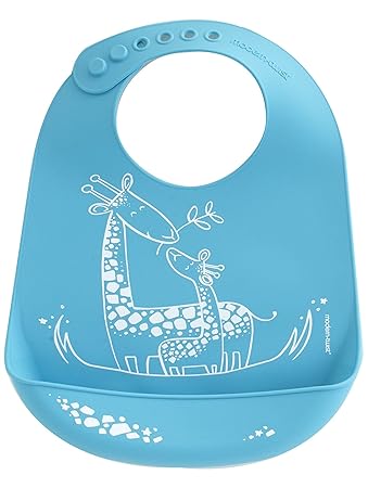 modern-twist Bucket-Bib 100% Food-Grade Silicone, Waterproof and Reusable, Giraffe Giggles – Electric Blue