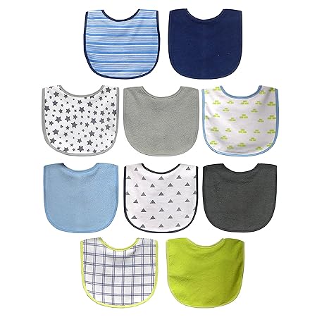 Neat Solutions 10 Pack Water Resistant Bib Set Blue/Grey Assorted, 10 Count, 0+ Months