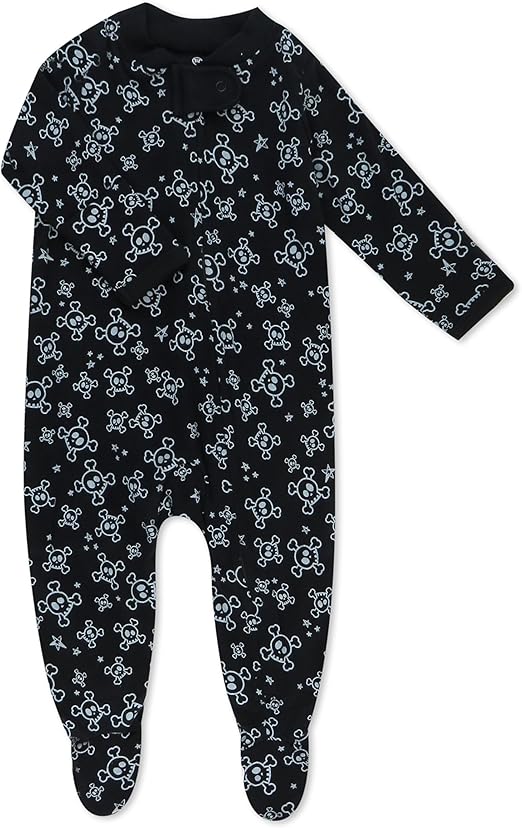 HonestBaby Sleep and Play Footed Pajamas One-Piece Sleeper Jumpsuit Zip-Front Pjs Organic Cotton for Baby Boys, Unisex, Tossed Skulls/Black, 3-6 Months