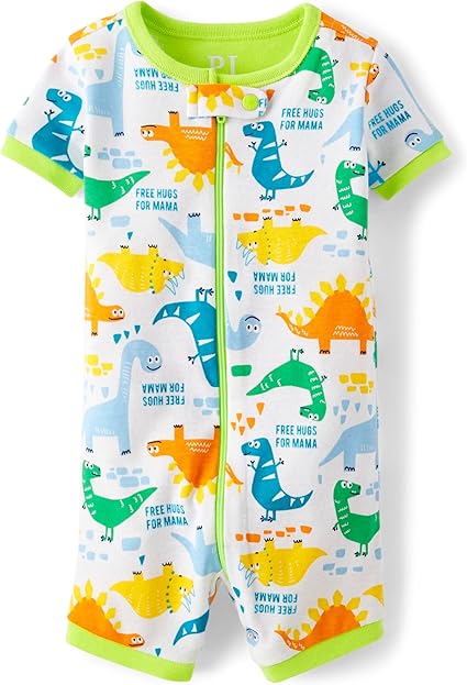 The Children's Place Baby Boy's and Toddler Snug Fit 100% Cotton Short Sleeve Zip-Front One Piece Footless Pajama, Blue Green Dino