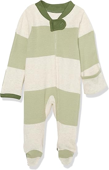 HonestBaby Sleep and Play Footed Pajamas One-Piece Sleeper Jumpsuit Zip-front PJs Organic Cotton for Baby Boys, Unisex, Bold Stripe Moss, 0-3 Months