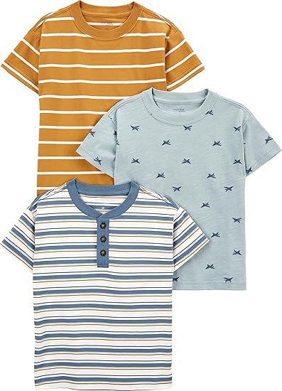 Simple Joys by Carter's Baby Boys' 3-Pack Short-Sleeve Tee Shirts, Dusty Blue/Gold Stripe/Tapestry Blue Stripe