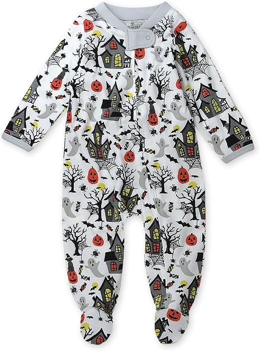 HonestBaby Sleep and Play Footed Pajamas One-Piece Sleeper Jumpsuit Zip-front PJs Organic Cotton for Baby Boys, Unisex, Haunted House, 6-9 Months