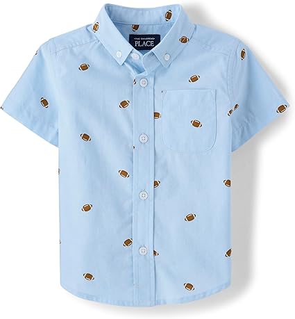 The Children's Place Baby Boys' and Toddler Poplin Short Sleeve Button Down Shirt, Football Print, 12-18 Months