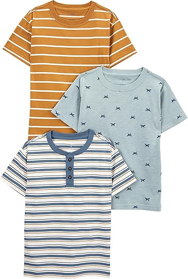 Simple Joys by Carter's Baby Boys' 3-Pack Short-Sleeve Tee Shirts, Dusty Blue/Gold Stripe/Tapestry Blue Stripe