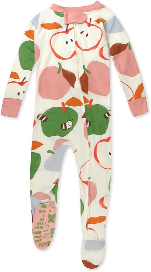 HonestBaby Unisex Kid's Non-Slip Footed Pajamas One-Piece Sleeper Jumpsuit Zip-Front PJs 100% Organic Cotton for Baby Boys, Slice O Apple