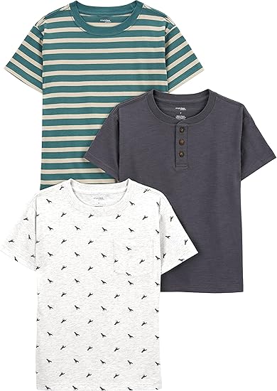 Simple Joys by Carter's Baby Boys' 3-Pack Short-Sleeve Tee Shirts, Dark Grey/Green Stripe/White Dinosaur