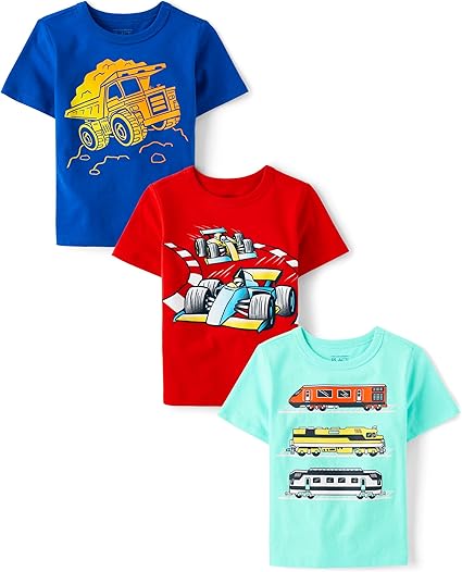 The Children's Place Baby Boy's and Toddler Vehicles Short Sleeve Graphic T-Shirts,Multipacks, Construction/Racecar/Train 3-Pack