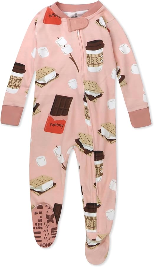 HonestBaby Unisex Kid's Non-Slip Footed Pajamas One-Piece Sleeper Jumpsuit Zip-Front PJs 100% Organic Cotton for Baby Boys, Coco Smores