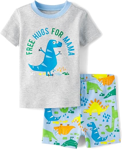 The Children's Place Baby Boy's and Toddler Sleeve Top and Shorts Snug Fit 100% Cotton 2 Piece Pajama Set, Dino Hugs