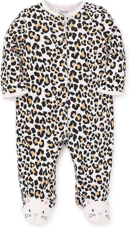 Little Me 2-Piece Baby Girls' Leopard Print Kitty Feet Footie and Cap Set, 3 Months