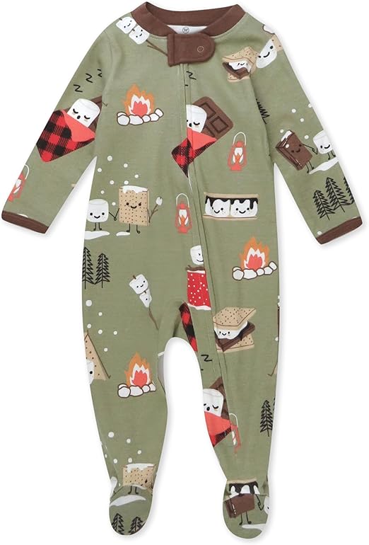 HonestBaby Sleep and Play Footed Pajamas One-Piece Sleeper Jumpsuit Zip-Front Pjs Organic Cotton for Baby Boys, Unisex, Smores Camp