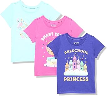 The Children's Place Baby Girls' and Toddler Assorted Everyday Long Sleeve Graphic T-Shirts,Multipacks, Preschool Princess 3-Pack