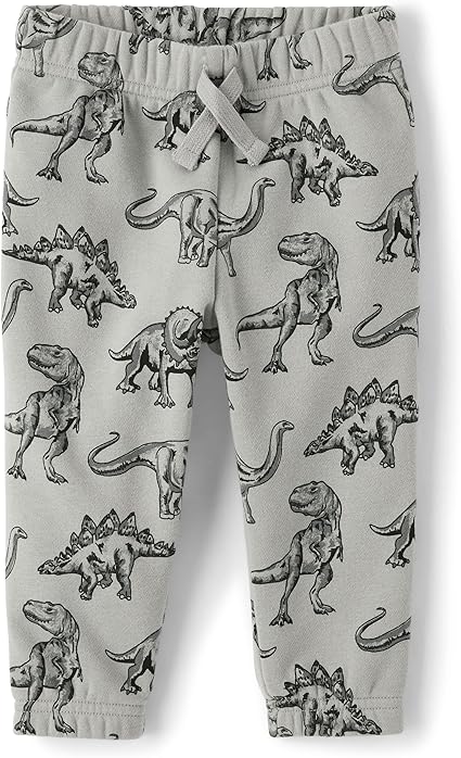 The Children's Place Baby Boys' and Toddler Fleece Jogger Pants, Grey Dino, 12-18 Months