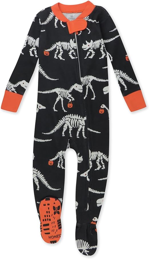 HonestBaby Unisex Kid's Non-Slip Footed Pajamas One-Piece Sleeper Jumpsuit Zip-Front PJs 100% Organic Cotton for Baby Boys, Dino Ween