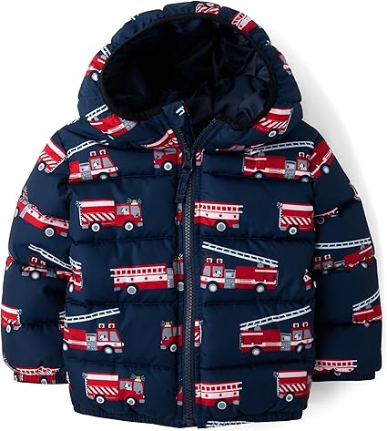 The Children's Place Baby Boys' and Toddler Medium Weight Puffer Jacket, Wind, Water-Resistant, Blue Firetrucks