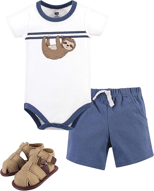 Hudson Baby Unisex Baby Cotton Bodysuit, Shorts and Shoe Set