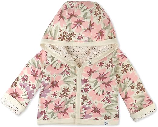 HonestBaby Front Hooded Jackets, Side-snap Top, Hoodies in Cozy 100% Organic Cotton Infant Baby Boys, Girls, Unisex, Painted Floral Pink