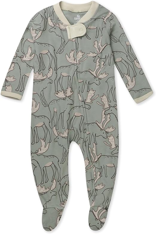 HonestBaby Sleep and Play Footed Pajamas One-Piece Sleeper Jumpsuit Zip-Front Pjs Organic Cotton for Baby Boys, Unisex, Moose Mayhem