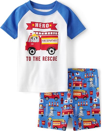 The Children's Place Baby Boy's and Toddler Sleeve Top and Shorts Snug Fit 100% Cotton 2 Piece Pajama Set, Firetruck Hero