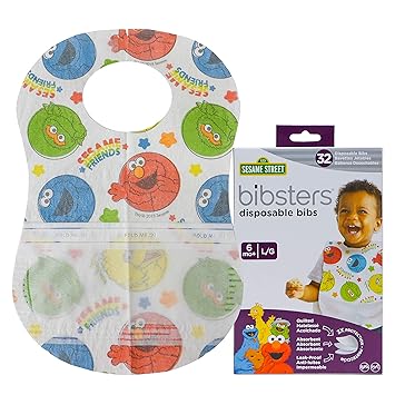 Sesame Street Large Disposable Bibs with Patented Crumb-Catcher, Leakproof Liner, and Reusable Fastener, Ages 6+ Months, 32 count