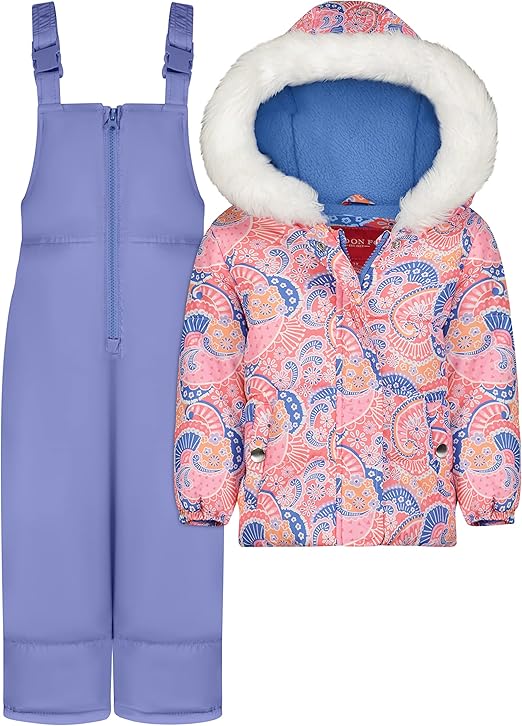 LONDON FOG Girls' Baby Water Resistant Two-Piece Winter Snowsuit - Includes Snowsuit + Hooded Fleece Lined Jacket Periwinkle & Pink Paisley, Peri, 18 MO