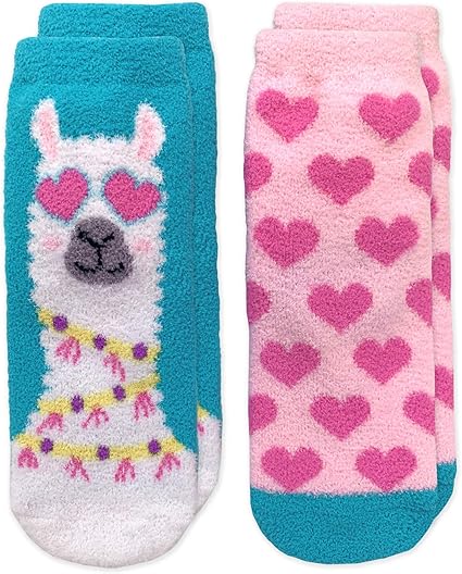 Jefferies Socks Girl's Cute Llama and Heart Fuzzy Slipper Socks 2 Pack, Multi, 12-24 Months