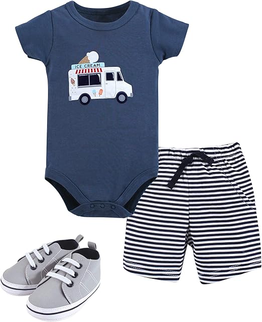 Hudson Baby Unisex Baby Cotton Bodysuit, Shorts and Shoe Set