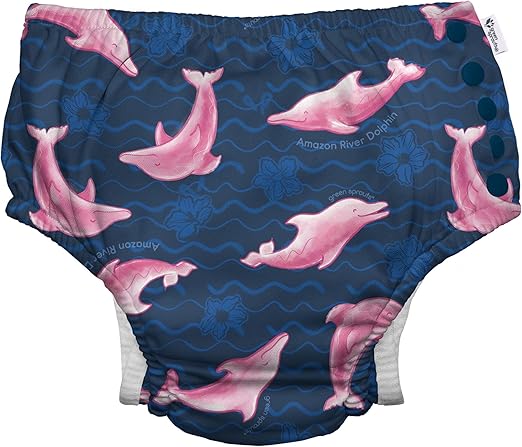 i play. by green sprouts Reusable, Eco Snap Swim Diaper with Gussets, UPF 50, Patented Design, STANDARD 100 by OEKO-TEX Certified - Navy Amazon River Dolphin - 4T