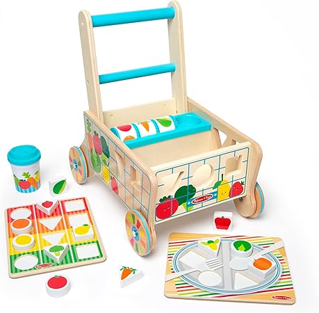 Melissa & Doug Wooden Shape Sorting Grocery Cart Push Toy and Puzzles - Pretend Play Grocery Toys, Sorting And Stacking Toys For Infants And Toddlers Ages 1+ - FSC-Certified Materials