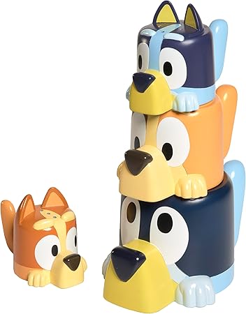 TOMY Toomies Bluey Bath Toys - Bluey's Family Pourers - Water Pouring Bluey Figures Including Chilli, Bandit, Bingo, and Bluey - Nesting and Stacking Cups for Bath Time - Ages 18 Months and Up