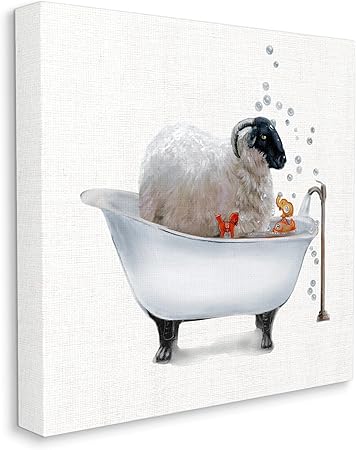 Stupell Industries Fluffy County Goat in Bathtub Soap Bubbles Canvas Wall Art, 17 x 17, Grey