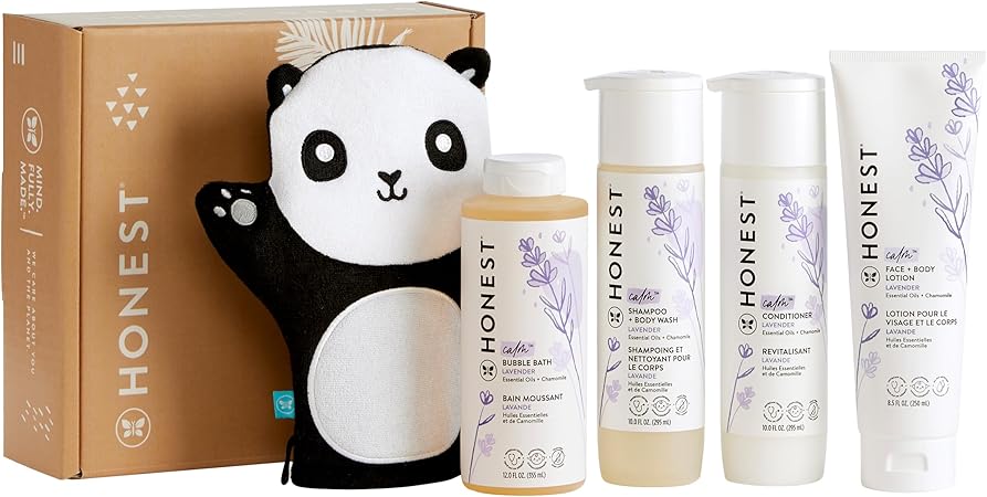 The Honest Company Lavender Bathtime Essentials Bundle | Shampoo + Body Wash, Conditioner, Face + Body Lotion, Bubble Bath, Panda Bath Mitt | Naturally Derived, Tear-Free, Hypoallergenic