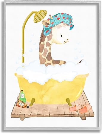 Stupell Industries Children's Giraffe Animal Bubble Bath Yellow Bathroom Grey Framed Wall Art, White