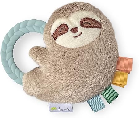 Itzy Ritzy - Ritzy Rattle Pal with Teether - Baby Teething Toy Features A Minky Plush Character, Gentle Rattle Sound & Soft Teether Toy for Newborn (Sloth)