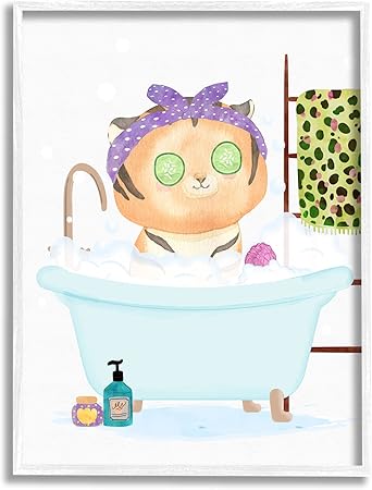 Stupell Industries Children's Tiger Bubble Bath Cute Safari Animal Bathroom White Framed Wall Art, 16 x 20