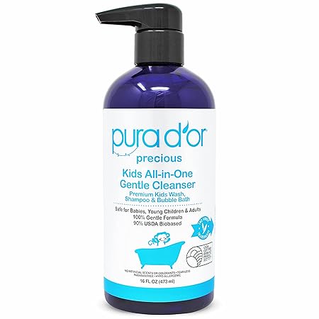 PURA D'OR All-in-One Gentle Cleanser for Kids, 16 Oz, Shampoo & Bubble Bath | USDA Biobased, Sulfate-Free, Tear-Less, Hypoallergenic, Premium