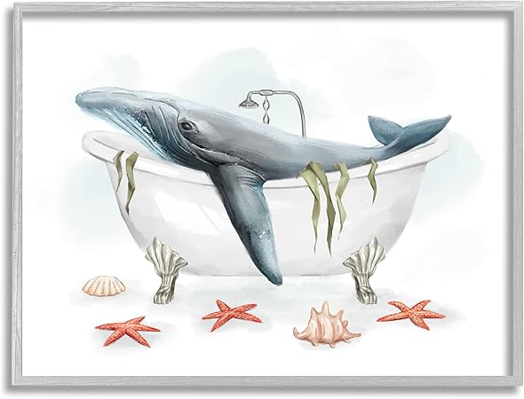 Stupell Industries Whale in Nautical Tub Seafoam Starfish Shells, Designed by Ziwei Li Gray Framed Wall Art, Grey