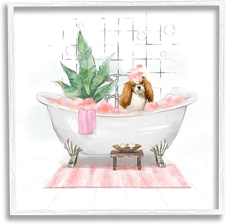 Stupell Industries Chic Cocker Spaniel Puppy in Pink Bubble Bath, Designed by Ziwei Li White Framed Wall Art, 12 x 12