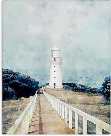 Stupell Industries White Lighthouse Boardwalk Rocky Cliff Coastal Landscape Water Canvas Wall Art, 16x20, Blue