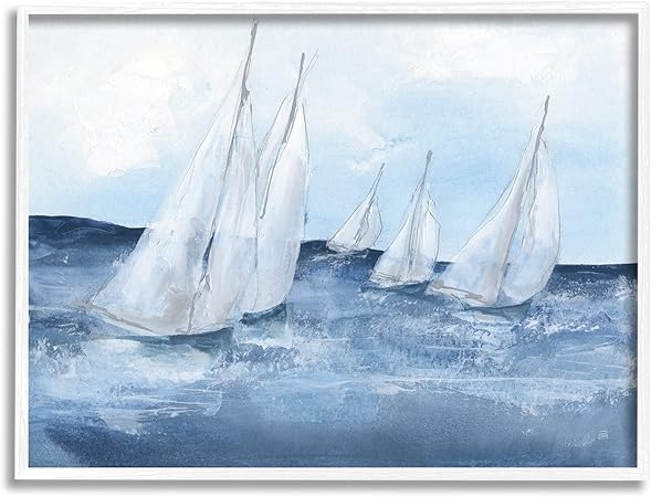 Stupell Industries Sailboats Coasting Ocean Waters Blue Tide White Framed Wall Art, 14 x 11