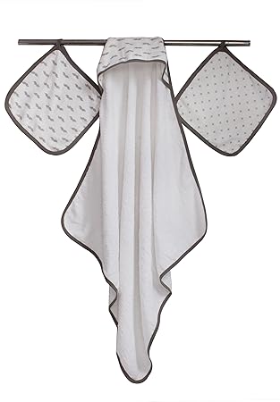 Bacati - Love Muslin/Cotton Fabric One Hooded Towel & Two Wash Cloths (Mustache/Plus/Cross, Grey)