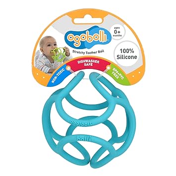 OgoBolli Teether Ring Tactile Sensory Ball Toy for Babies & Toddlers - Stretchy, Squishy, Soft, Non-Toxic Silicone - Boys and Girls Age 6+ Months - Blue