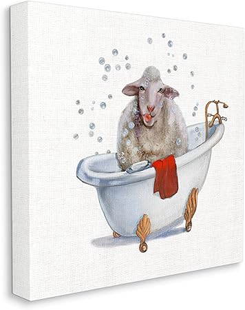 Stupell Industries Shaggy Sheep in Bubble Bath Playful Farm Animal, Designed by Donna Brooks Canvas Wall Art, 24 x 24, Red