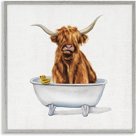 Stupell Industries Shaggy Country Cattle in Bathtub Rubber Duck, Designed by Donna Brooks Gray Framed Wall Art, 24x24, Brown