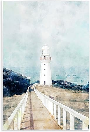 Stupell Industries White Lighthouse Boardwalk Rocky Cliff Coastal Landscape Water Wall Plaque, 13x19, Blue